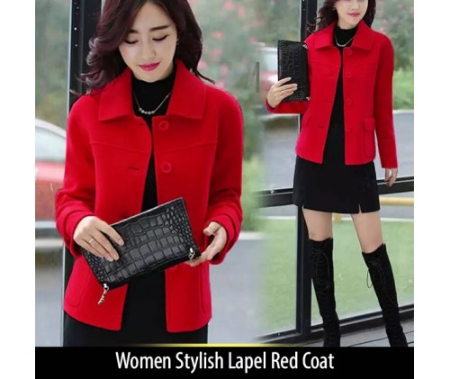 Women Stylish Lapel Red Coat